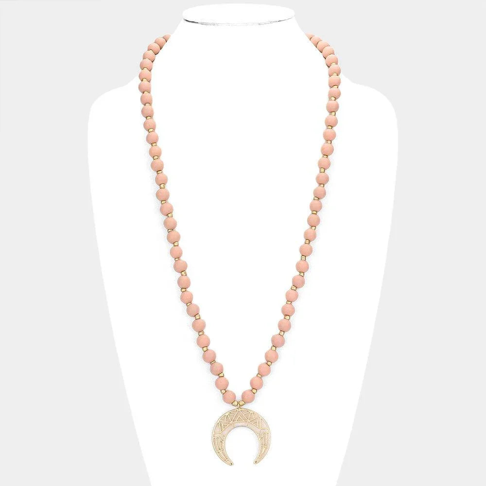 Pink Cut Out Metal Double Horn Pendant Wood Long Necklace - Jewelry Store by Erik Rayo
