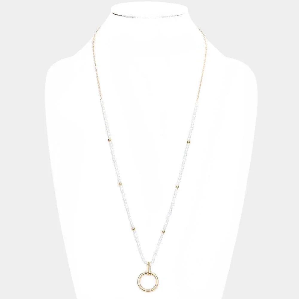 Cream Open Metal Circle Pendant Pearl Long Necklace - Jewelry Store by Erik Rayo
