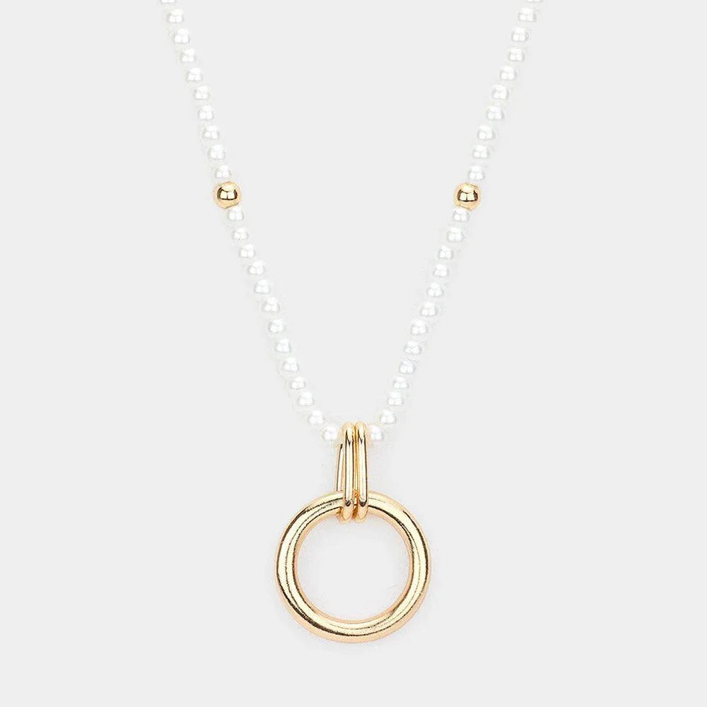 Cream Open Metal Circle Pendant Pearl Long Necklace - Jewelry Store by Erik Rayo