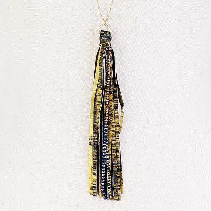 Blue Bead Accented Gold Metallic Leatherette Tassel Necklace - Jewelry Store by Erik Rayo