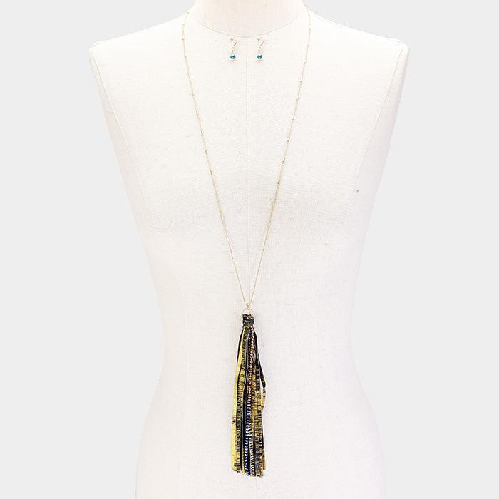 Blue Bead Accented Gold Metallic Leatherette Tassel Necklace - Jewelry Store by Erik Rayo