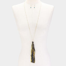 Load image into Gallery viewer, Blue Bead Accented Gold Metallic Leatherette Tassel Necklace
