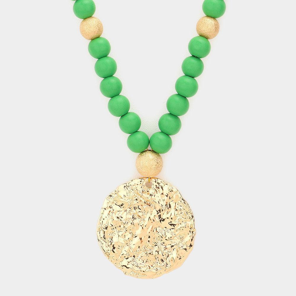 Green Hammered Metal Round Pendant Wood Beaded Long Necklace - Jewelry Store by Erik Rayo