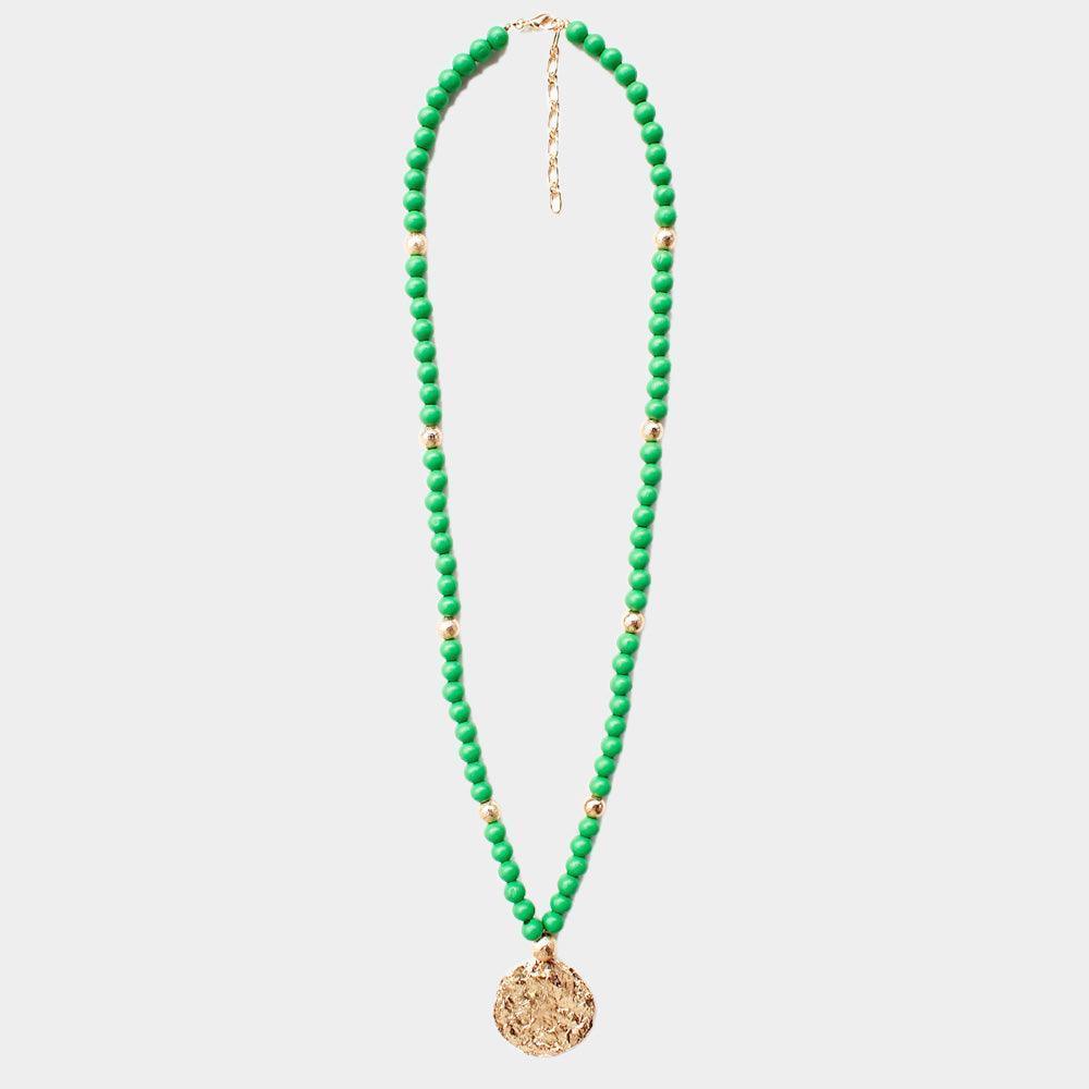 Green Hammered Metal Round Pendant Wood Beaded Long Necklace - Jewelry Store by Erik Rayo