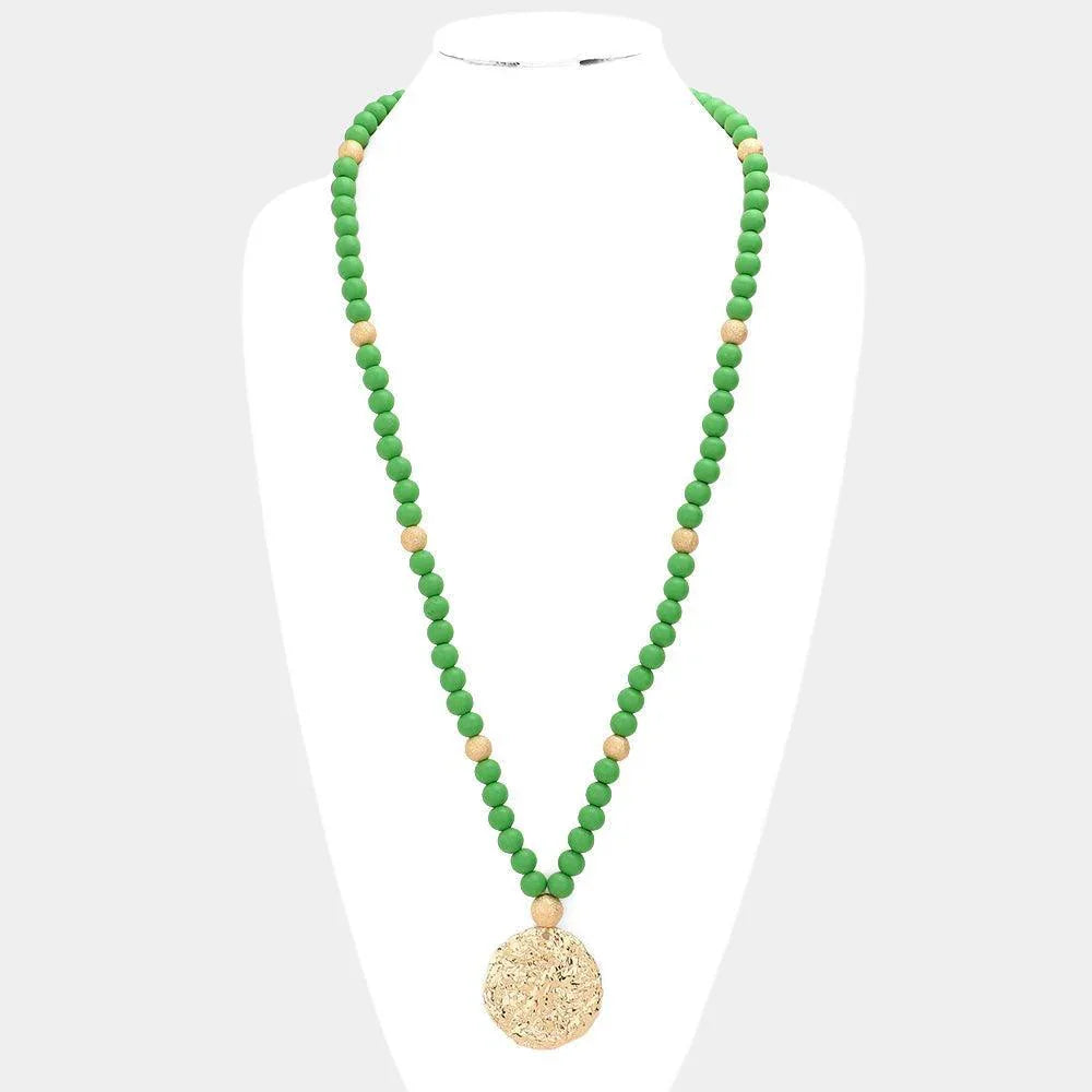 Green Hammered Metal Round Pendant Wood Beaded Long Necklace - Jewelry Store by Erik Rayo