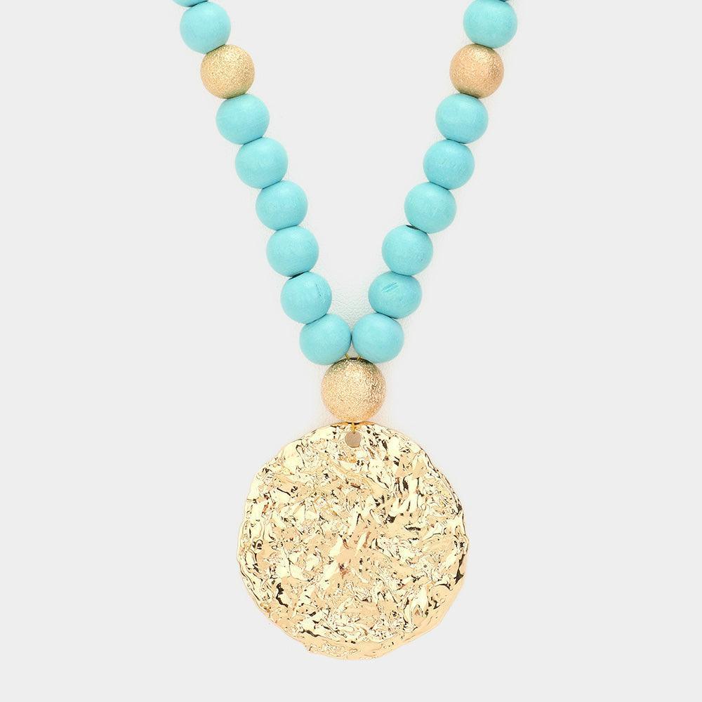 Turquoise Hammered Metal Round Pendant Wood Beaded Long Necklace - Jewelry Store by Erik Rayo