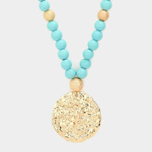 Load image into Gallery viewer, Turquoise Hammered Metal Round Pendant Wood Beaded Long Necklace
