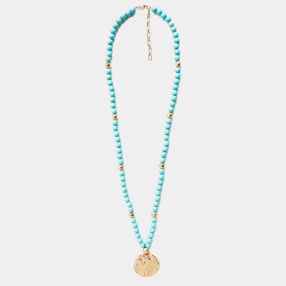 Turquoise Hammered Metal Round Pendant Wood Beaded Long Necklace - Jewelry Store by Erik Rayo