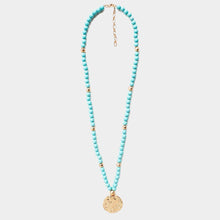 Load image into Gallery viewer, Turquoise Hammered Metal Round Pendant Wood Beaded Long Necklace

