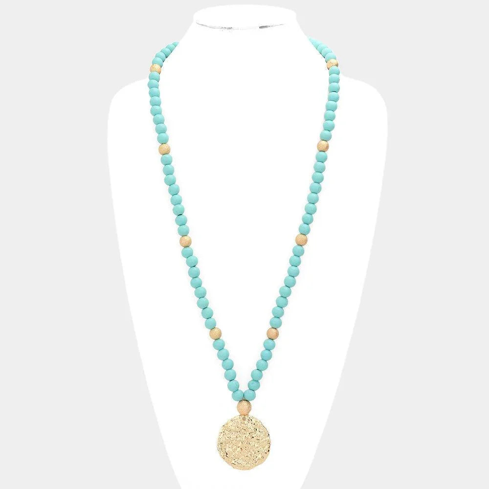 Turquoise Hammered Metal Round Pendant Wood Beaded Long Necklace - Jewelry Store by Erik Rayo