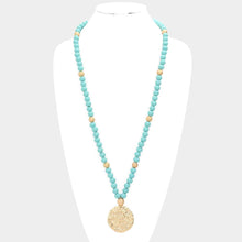 Load image into Gallery viewer, Turquoise Hammered Metal Round Pendant Wood Beaded Long Necklace
