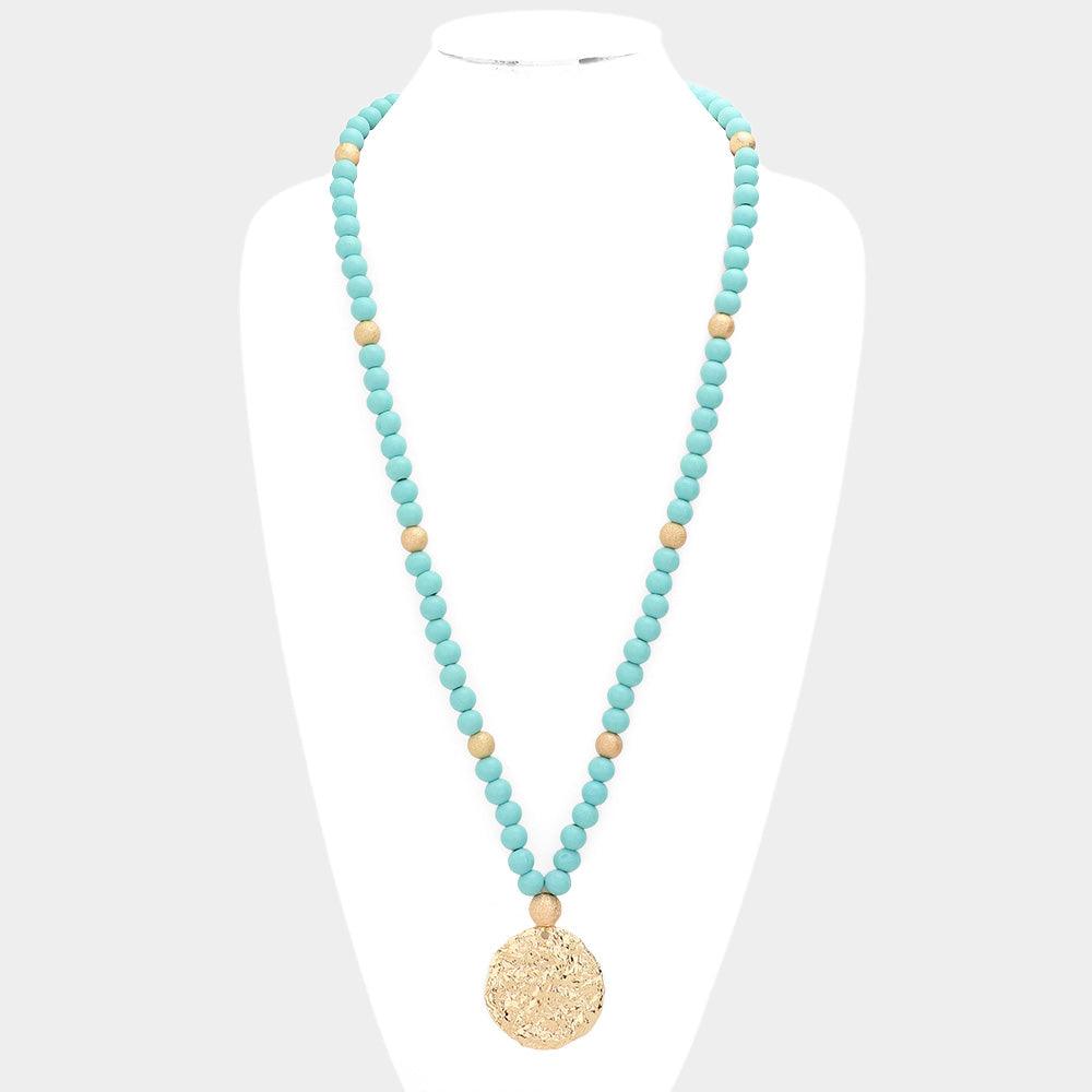 Turquoise Hammered Metal Round Pendant Wood Beaded Long Necklace