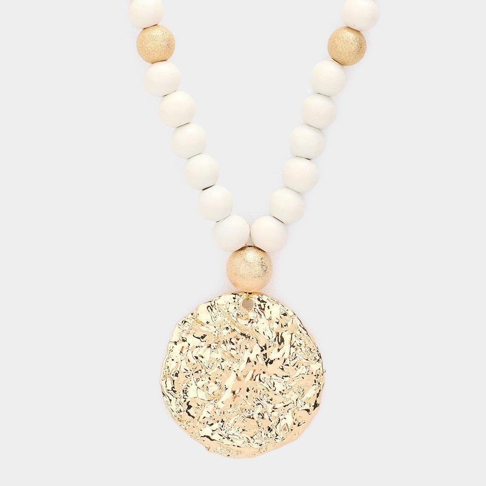 White Hammered Metal Round Pendant Wood Beaded Long Necklace - Jewelry Store by Erik Rayo