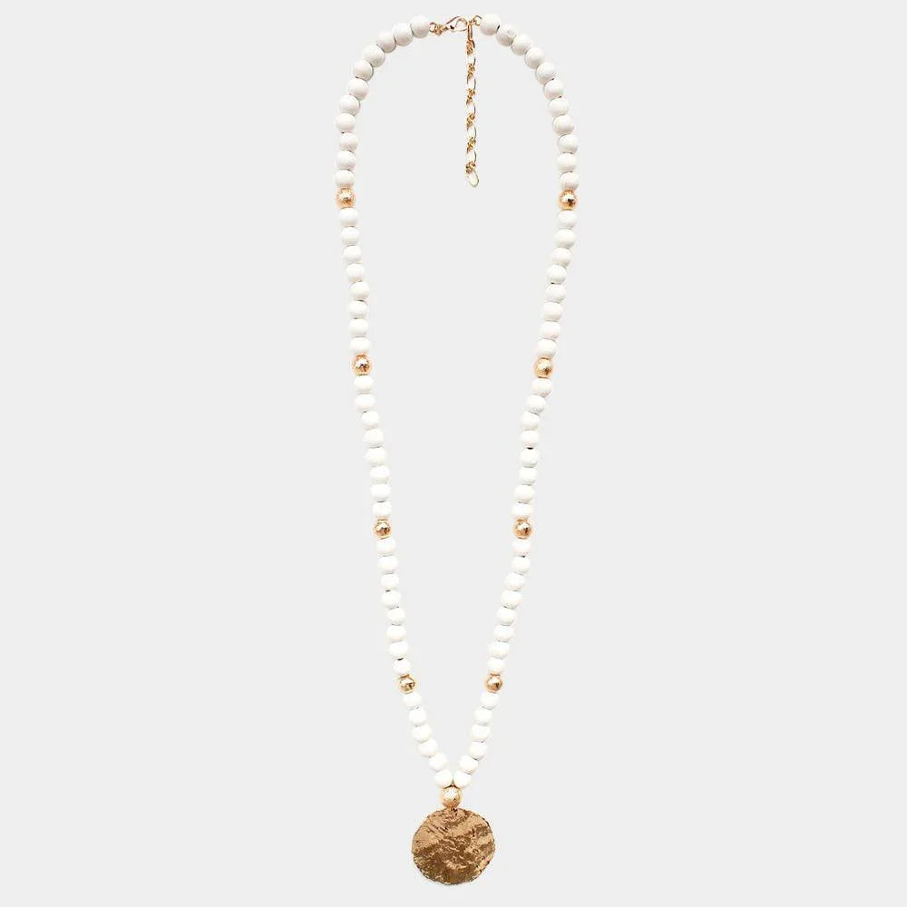 White Hammered Metal Round Pendant Wood Beaded Long Necklace - Jewelry Store by Erik Rayo