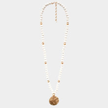 Load image into Gallery viewer, White Hammered Metal Round Pendant Wood Beaded Long Necklace
