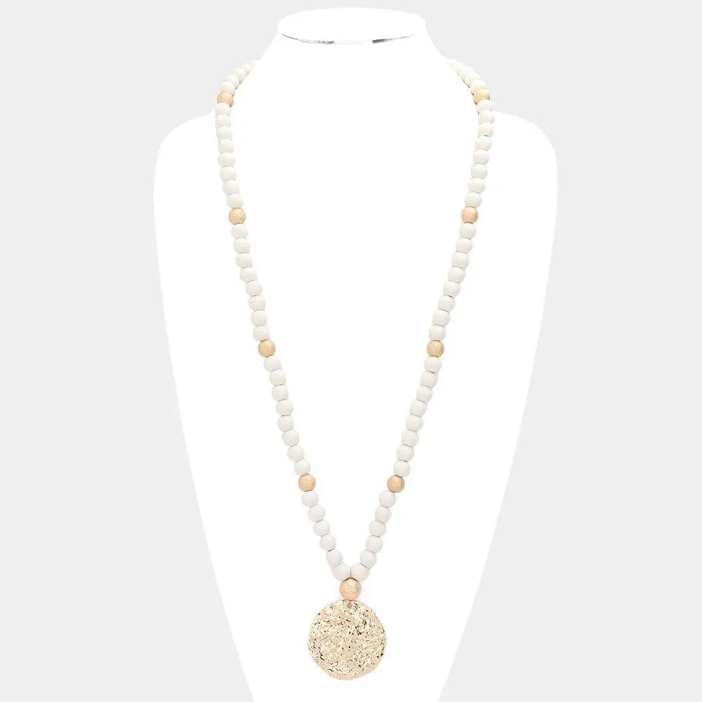 White Hammered Metal Round Pendant Wood Beaded Long Necklace - Jewelry Store by Erik Rayo