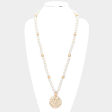 Load image into Gallery viewer, White Hammered Metal Round Pendant Wood Beaded Long Necklace
