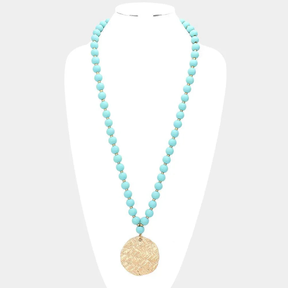 Turquoise Chevron Patterned Metal Round Pendant Wood Ball Long Necklace - Jewelry Store by Erik Rayo