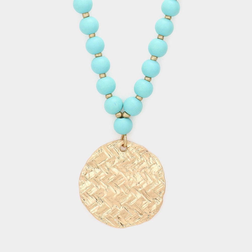Turquoise Chevron Patterned Metal Round Pendant Wood Ball Long Necklace - Jewelry Store by Erik Rayo