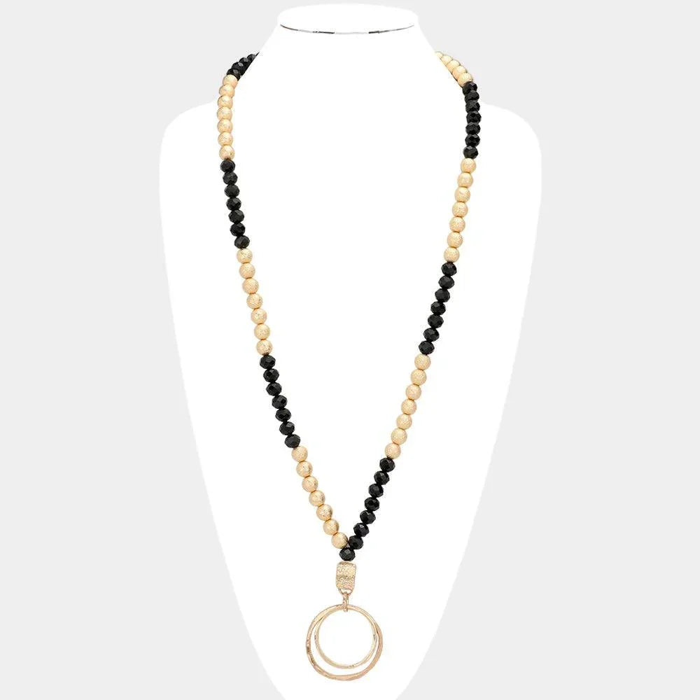 Black Irregular Double Open Circle Pendant Frosted Metal Ball Faceted Beaded Long Necklace - Jewelry Store by Erik Rayo
