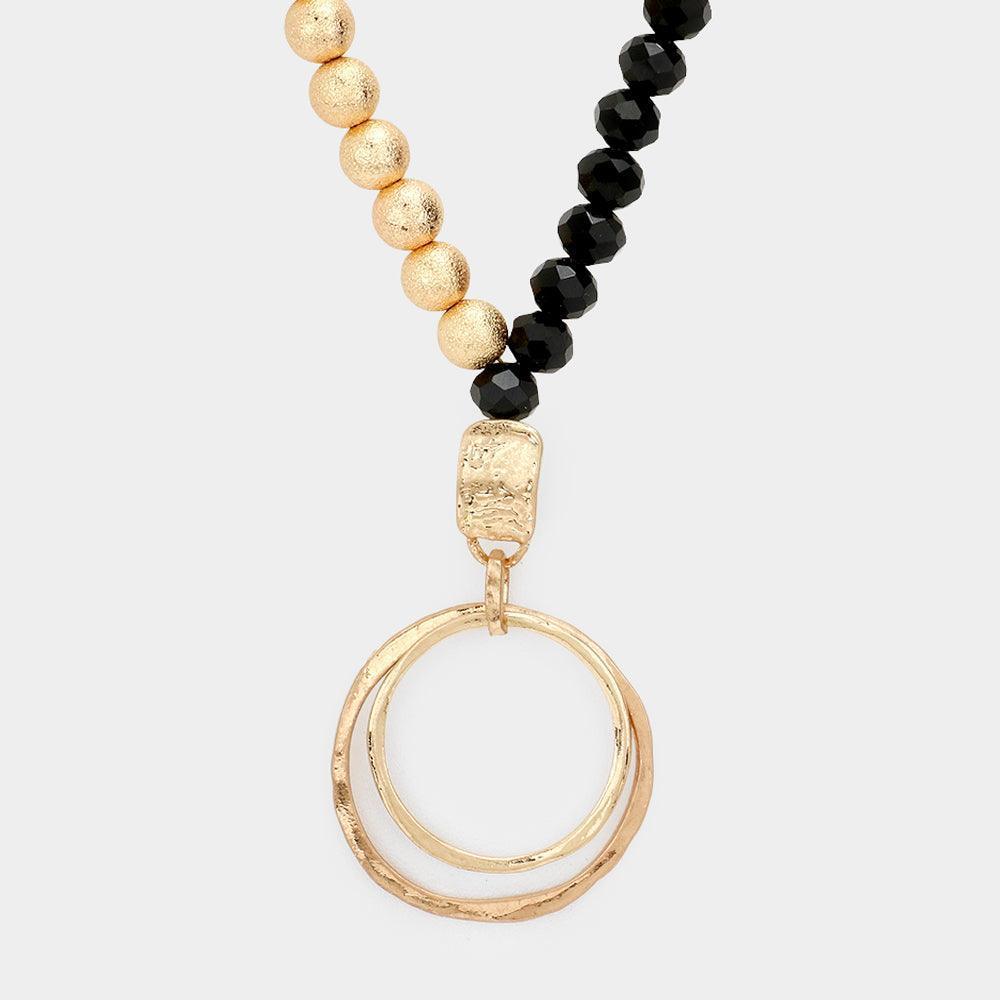 Black Irregular Double Open Circle Pendant Frosted Metal Ball Faceted Beaded Long Necklace - Jewelry Store by Erik Rayo