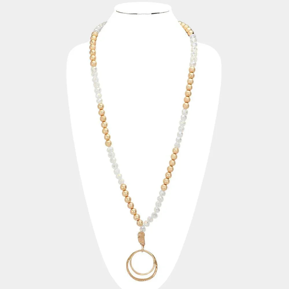 Clear Irregular Double Open Circle Pendant Frosted Metal Ball Faceted Beaded Long Necklace - Jewelry Store by Erik Rayo