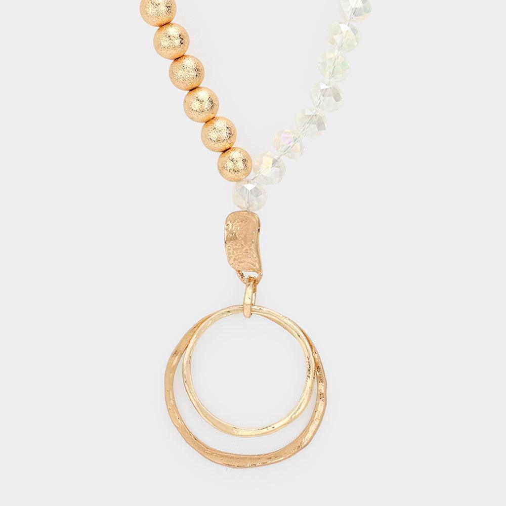 Clear Irregular Double Open Circle Pendant Frosted Metal Ball Faceted Beaded Long Necklace - Jewelry Store by Erik Rayo