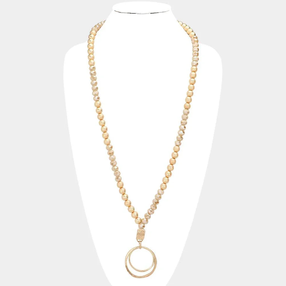 Irregular Double Open Circle Pendant Frosted Metal Ball Faceted Beaded Long Necklace - Jewelry Store by Erik Rayo