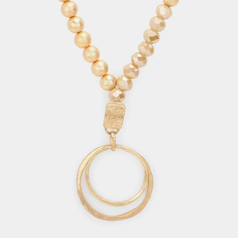 Irregular Double Open Circle Pendant Frosted Metal Ball Faceted Beaded Long Necklace - Jewelry Store by Erik Rayo