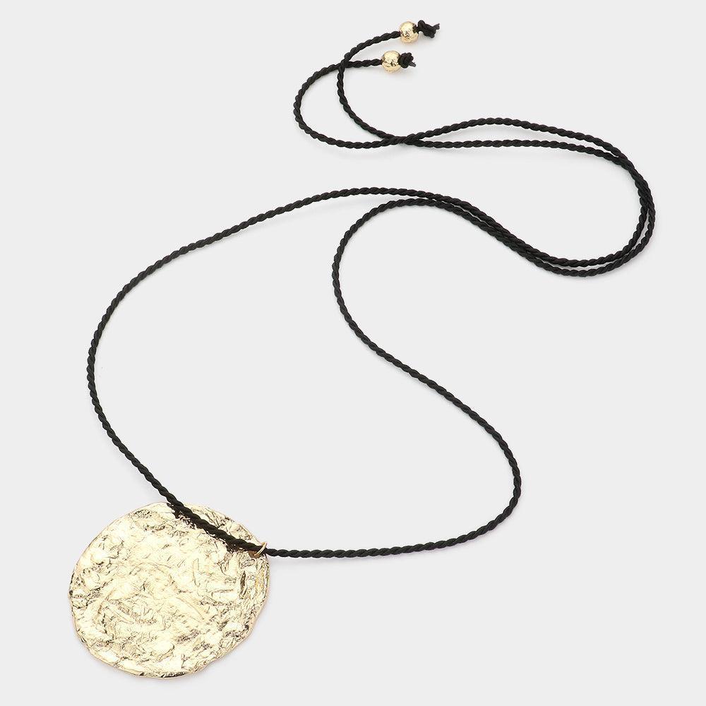 Gold Textured Metal Pendant Long Necklace - Jewelry Store by Erik Rayo