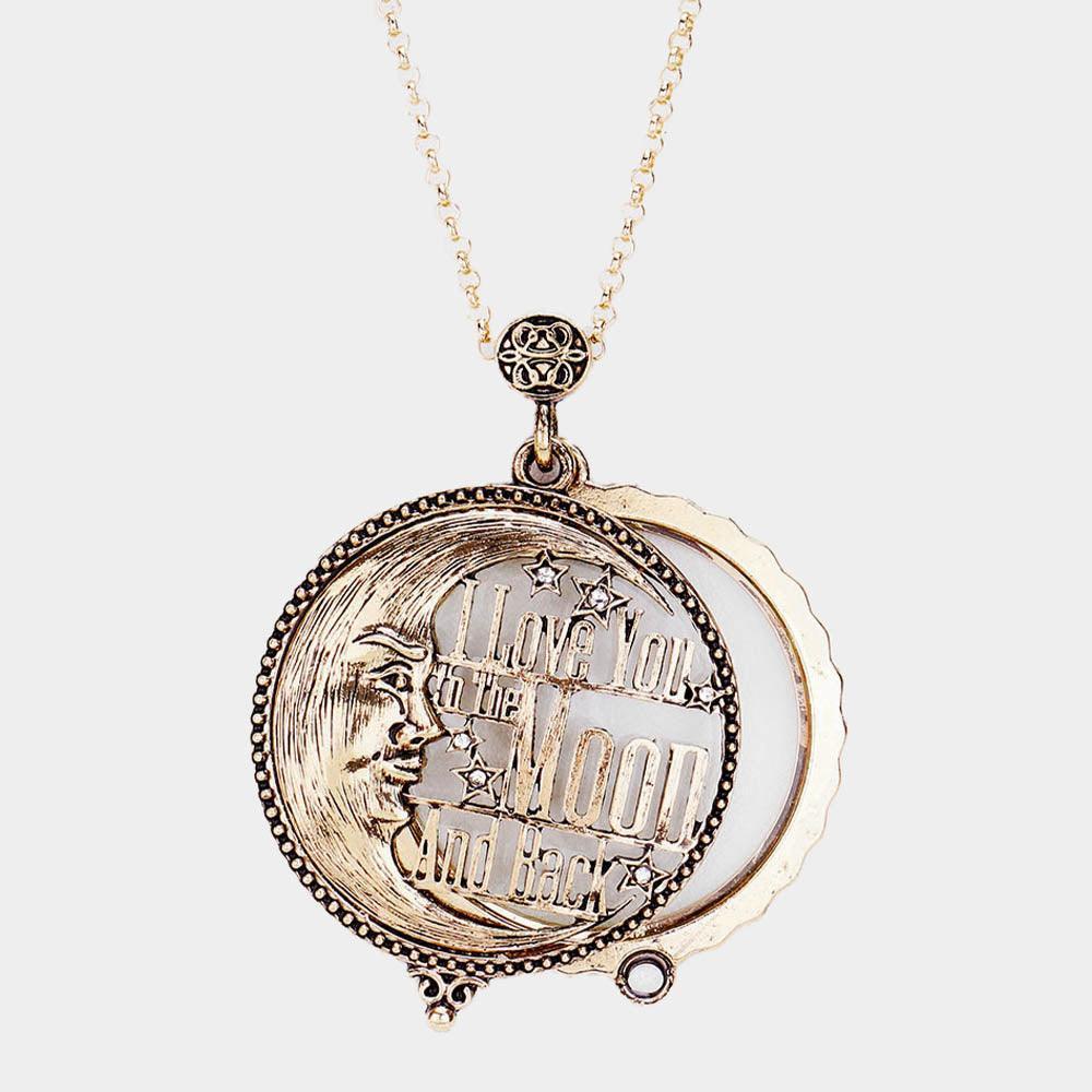 Gold Antique Metal Moon Pendant Magnifying Glass Long Necklace - Jewelry Store by Erik Rayo