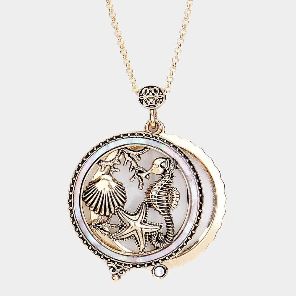 Gold Antique Metal Sea Life Magnifying Glass Pendant Long Necklace - Jewelry Store by Erik Rayo