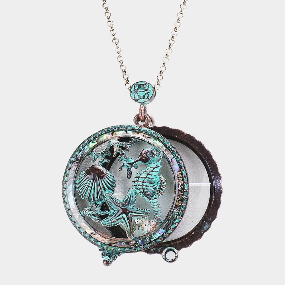 Antique Metal Sea Life Magnifying Glass Pendant Long Necklace - Jewelry Store by Erik Rayo
