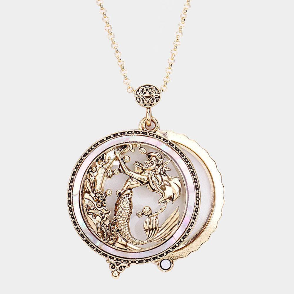 Gold Antique Metal Mermaid Magnifying Glass Pendant Long Necklace - Jewelry Store by Erik Rayo