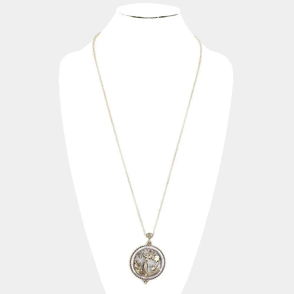 Gold Antique Metal Mermaid Magnifying Glass Pendant Long Necklace - Jewelry Store by Erik Rayo