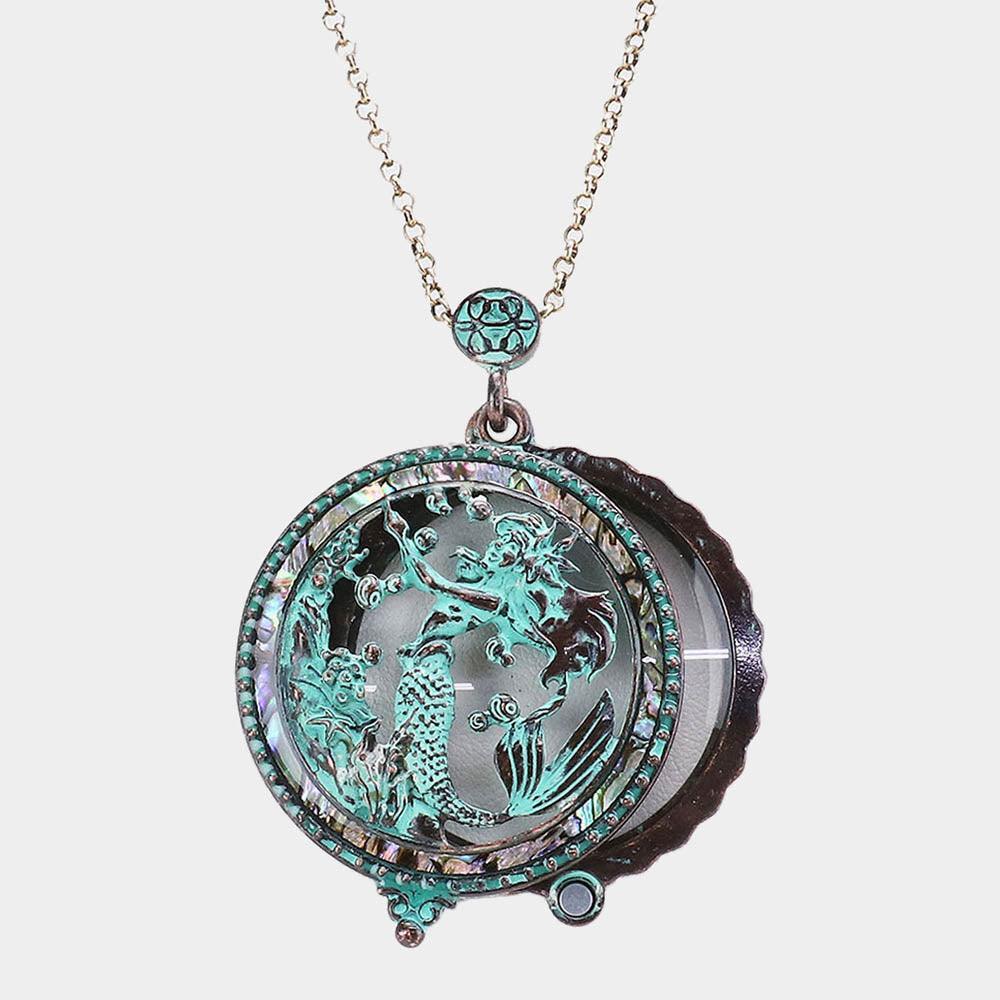 Antique Metal Mermaid Magnifying Glass Pendant Long Necklace - Jewelry Store by Erik Rayo
