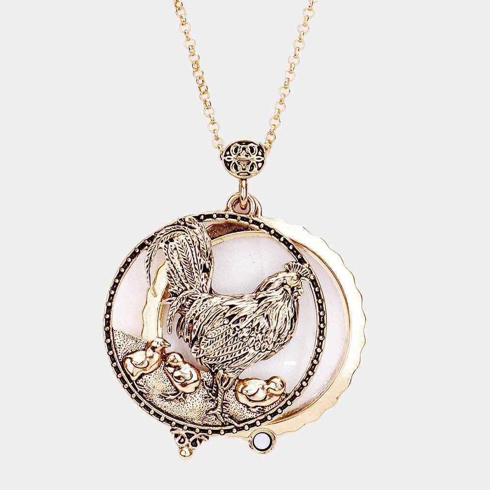 Gold Antique Metal Rooster Magnifying Glass Pendant Long Necklace - Jewelry Store by Erik Rayo
