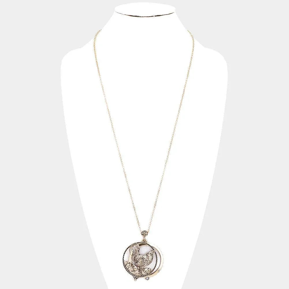 Gold Antique Metal Rooster Magnifying Glass Pendant Long Necklace - Jewelry Store by Erik Rayo