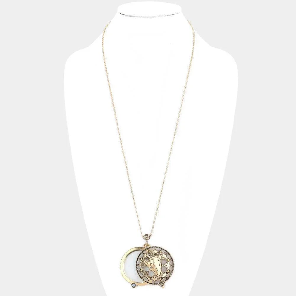 Gold Antique Metal Arrow Magnifying Glass Pendant Long Necklace - Jewelry Store by Erik Rayo
