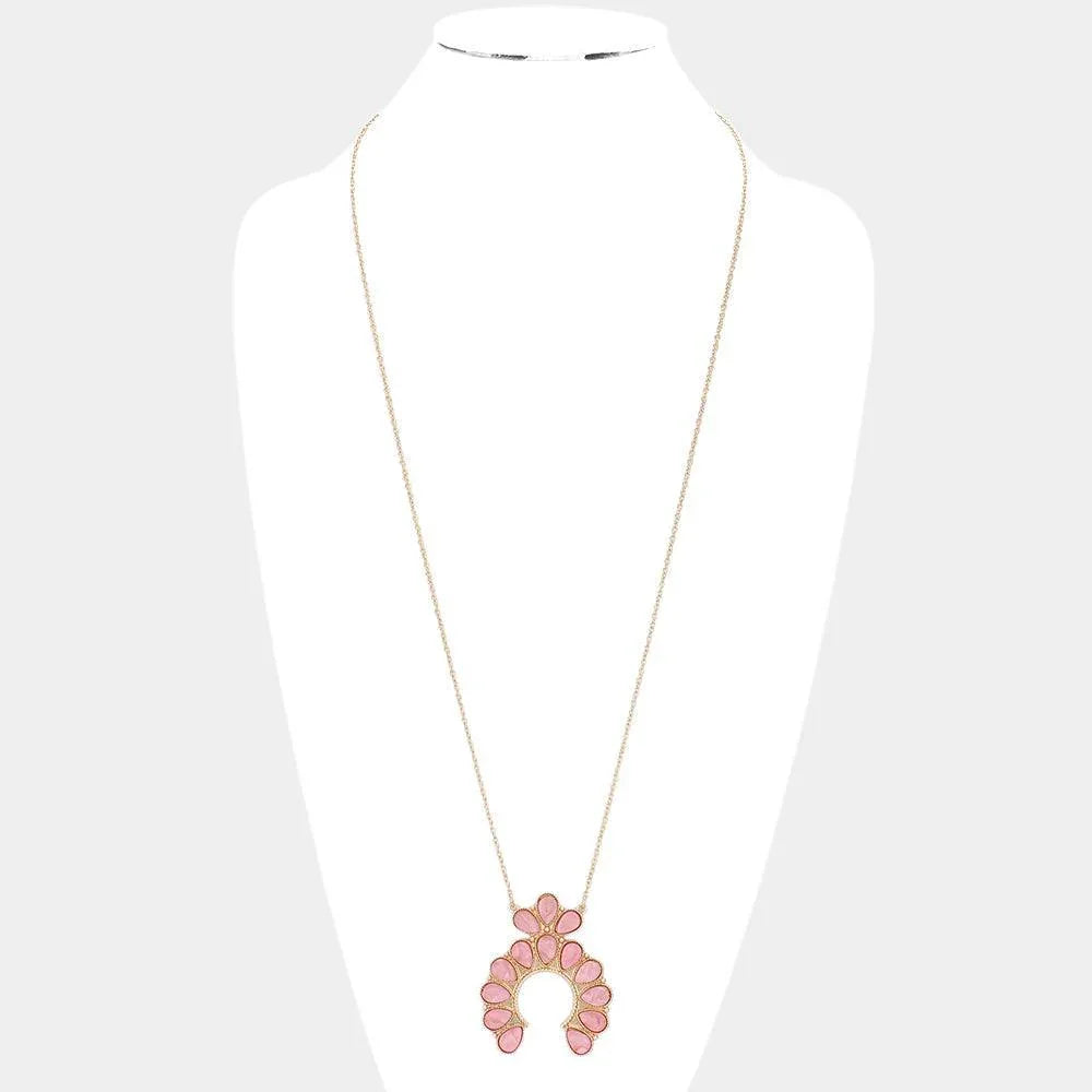 Pink Celluloid Acetate Teardrop Squash Blossom Pendant Long Necklace - Jewelry Store by Erik Rayo