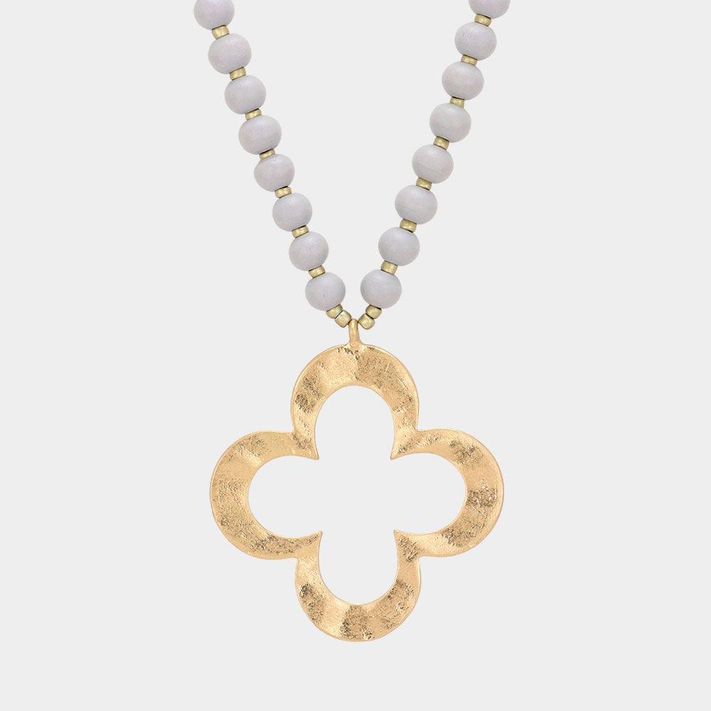 Silver Hammered Metal Quatrefoil Pendant Wood Long Necklace - Jewelry Store by Erik Rayo
