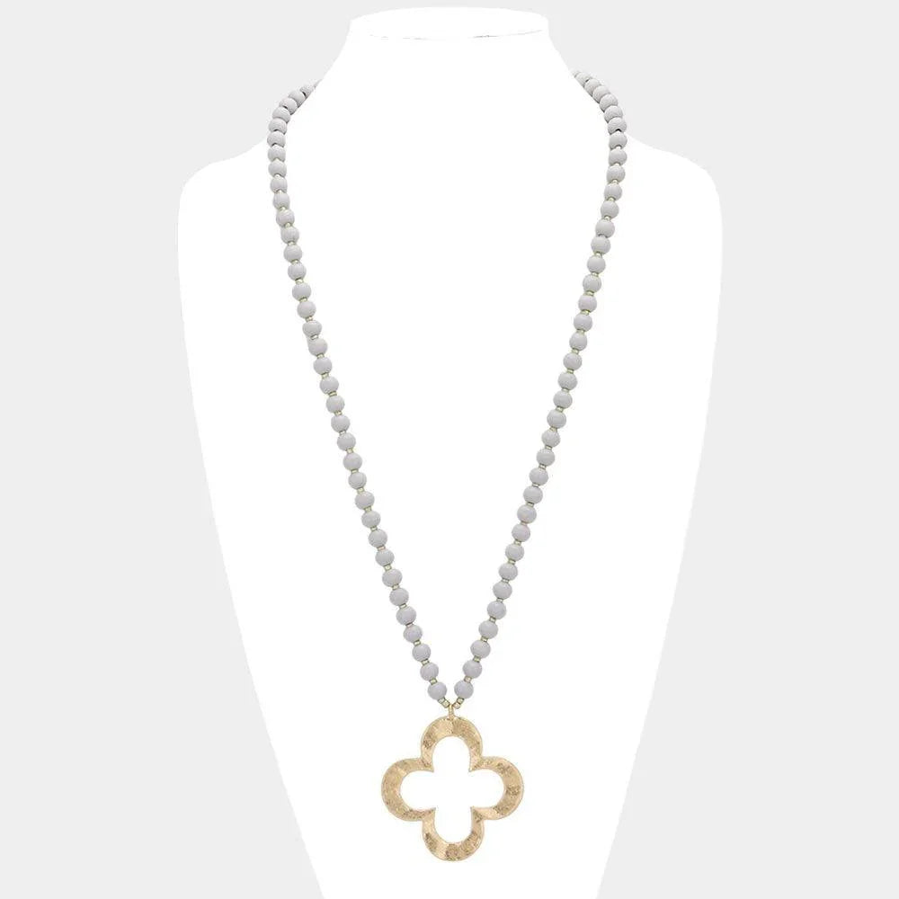 Silver Hammered Metal Quatrefoil Pendant Wood Long Necklace - Jewelry Store by Erik Rayo