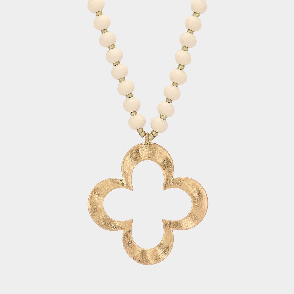 Ivory Hammered Metal Quatrefoil Pendant Wood Long Necklace - Jewelry Store by Erik Rayo