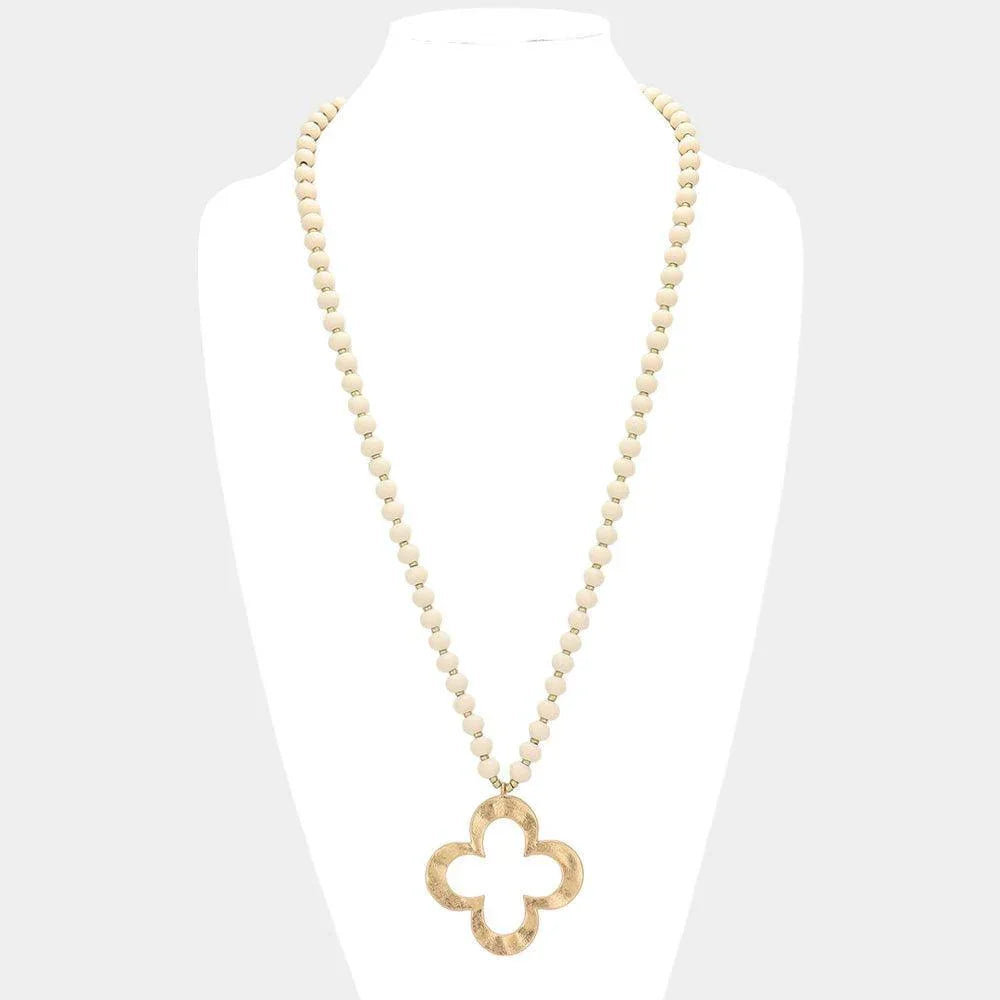 Ivory Hammered Metal Quatrefoil Pendant Wood Long Necklace - Jewelry Store by Erik Rayo