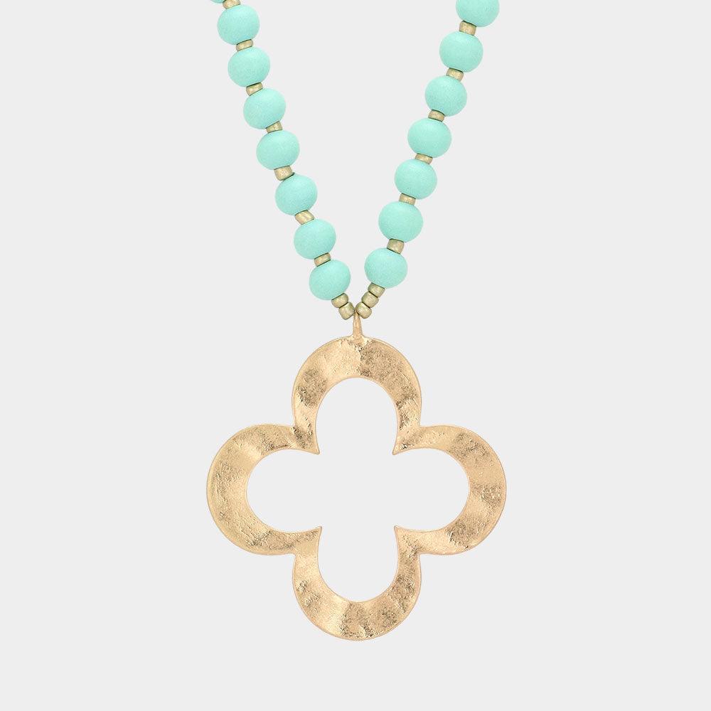 Hammered Metal Quatrefoil Pendant Wood Long Necklace - Jewelry Store by Erik Rayo