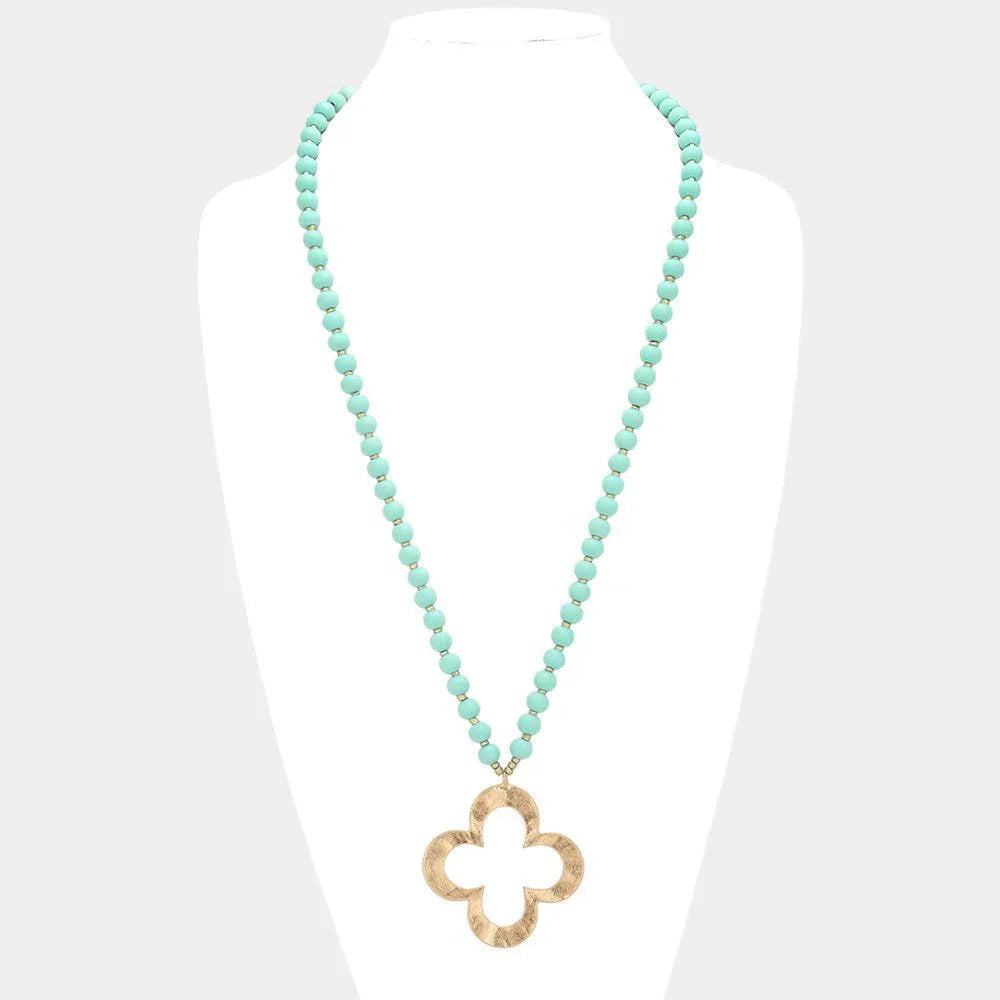 Hammered Metal Quatrefoil Pendant Wood Long Necklace - Jewelry Store by Erik Rayo