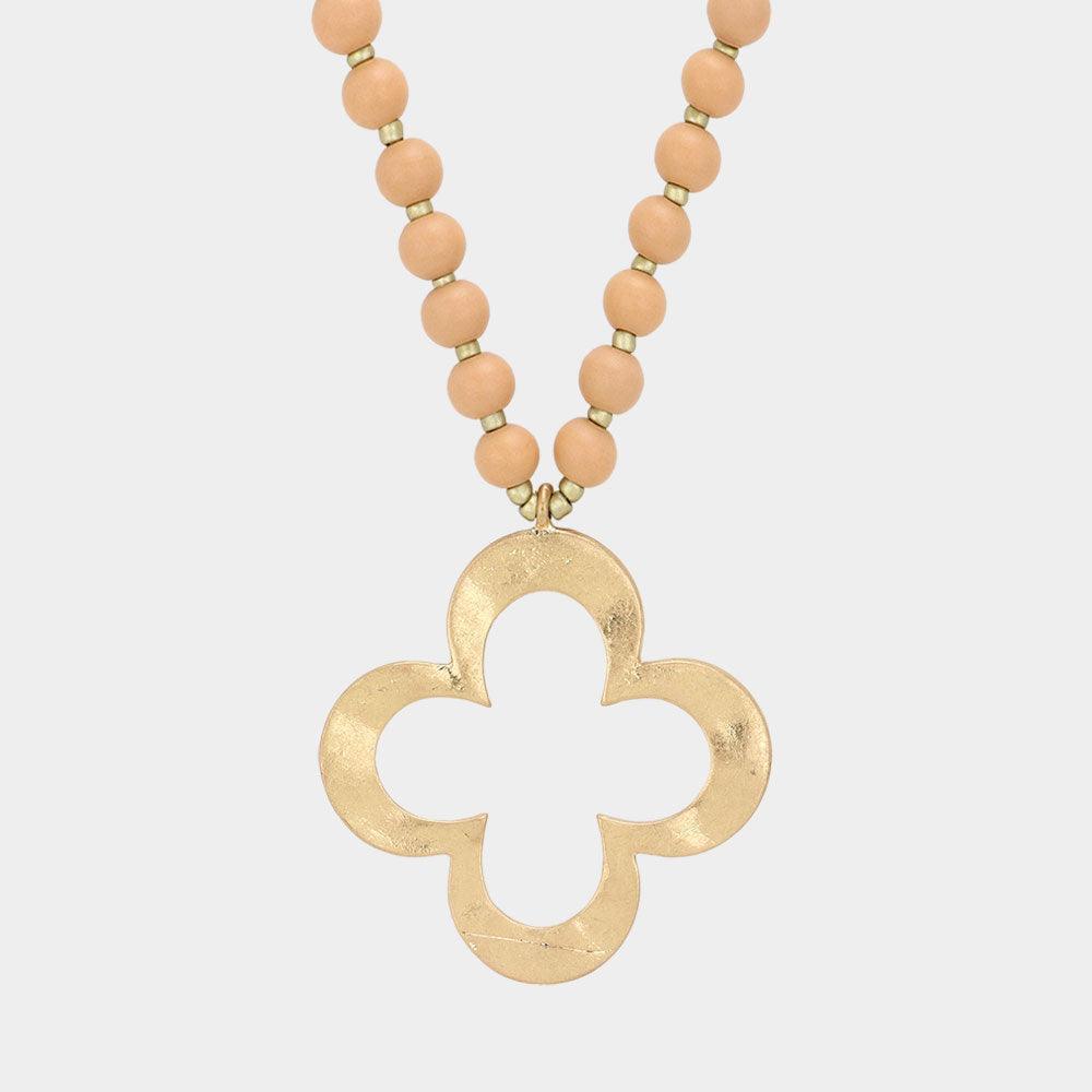Hammered Metal Quatrefoil Pendant Wood Long Necklace - Jewelry Store by Erik Rayo