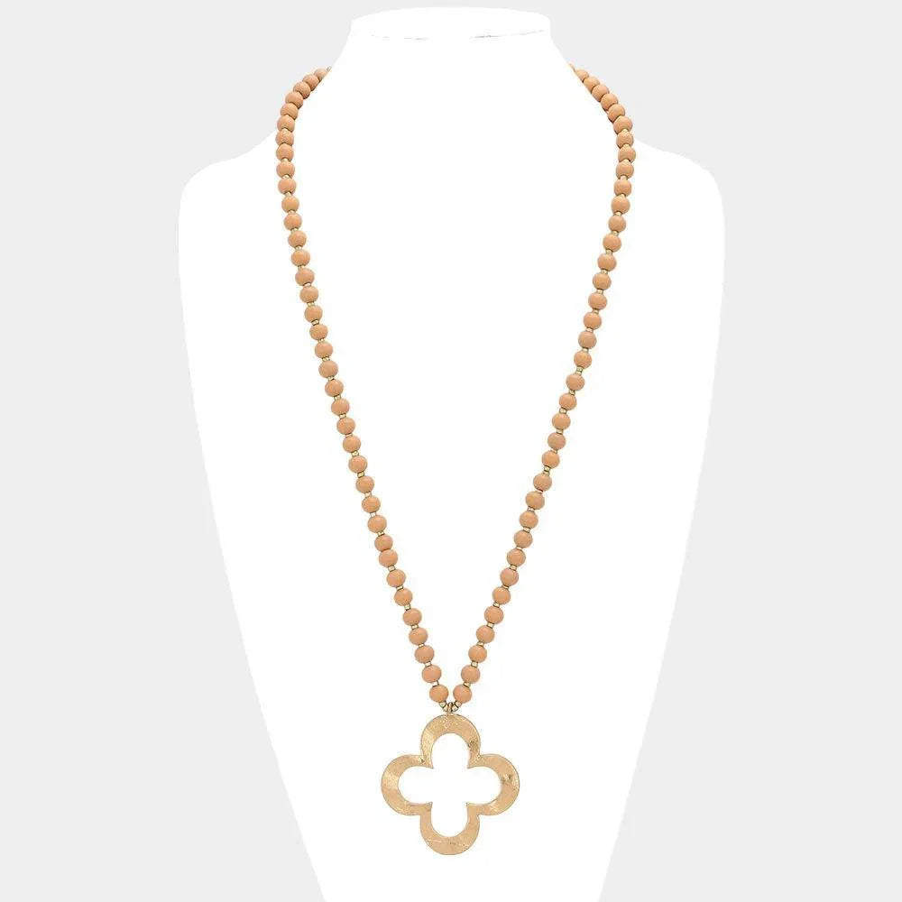Hammered Metal Quatrefoil Pendant Wood Long Necklace - Jewelry Store by Erik Rayo
