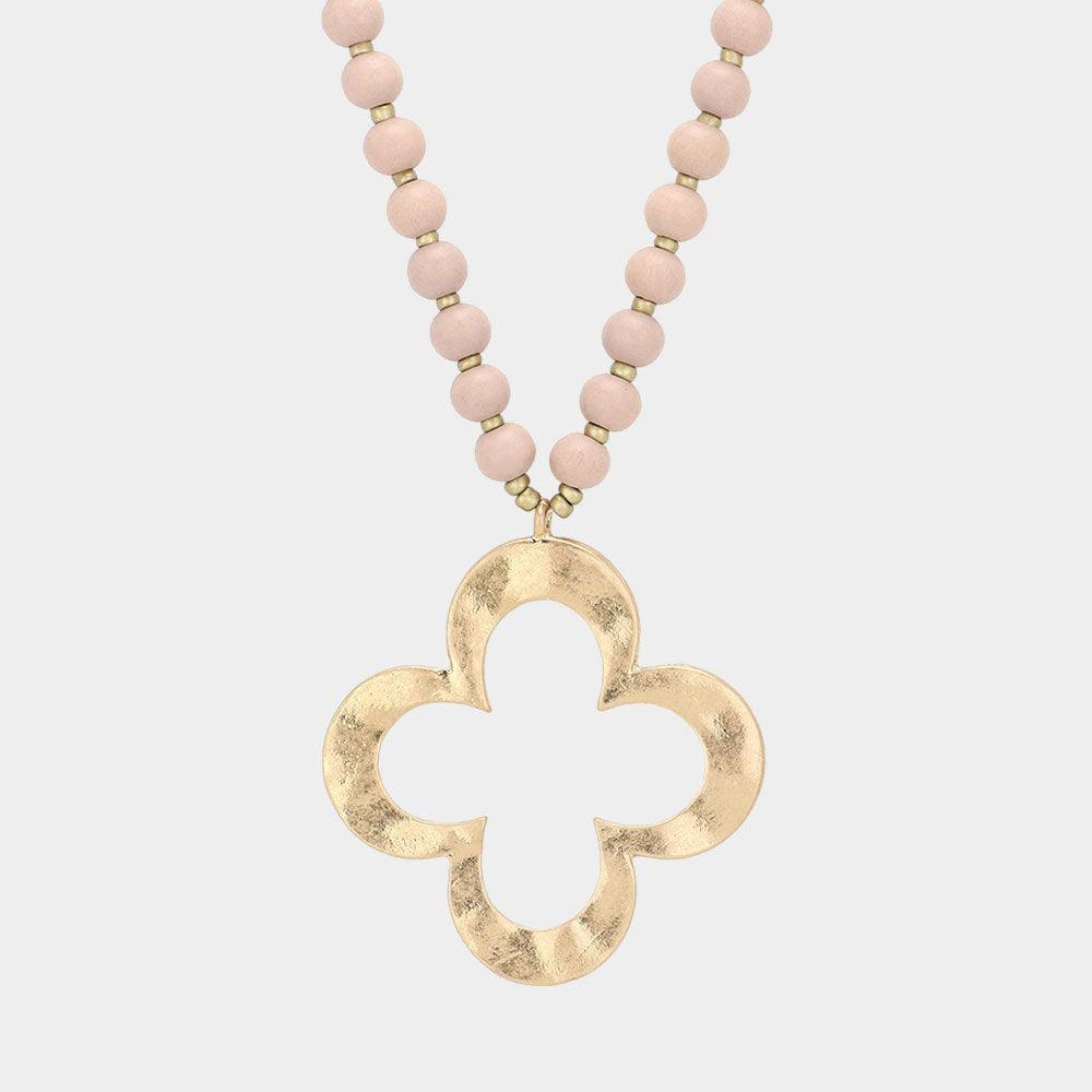 Pink Hammered Metal Quatrefoil Pendant Wood Long Necklace - Jewelry Store by Erik Rayo