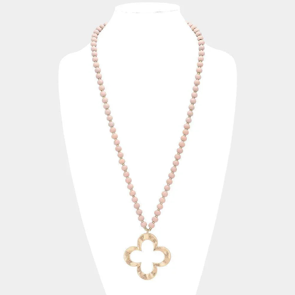 Pink Hammered Metal Quatrefoil Pendant Wood Long Necklace - Jewelry Store by Erik Rayo